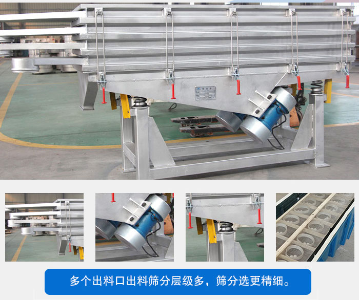多層直線振動(dòng)篩結(jié)構(gòu)優(yōu)勢(shì)：出料口多層選擇，振動(dòng)電機(jī)，震動(dòng)彈簧減輕振動(dòng)體的磨損，彈跳球和擋球環(huán)。