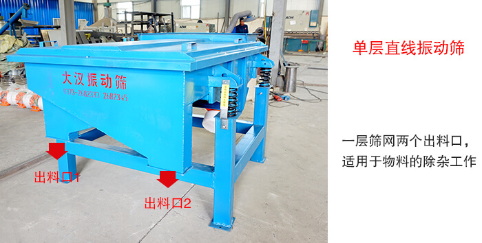 單層直線振動篩由一層篩網(wǎng)兩個出料口，適用于物料的除雜工作。
